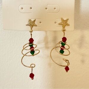 Christmas tree dangle post earrings. Gold with green and red beads.